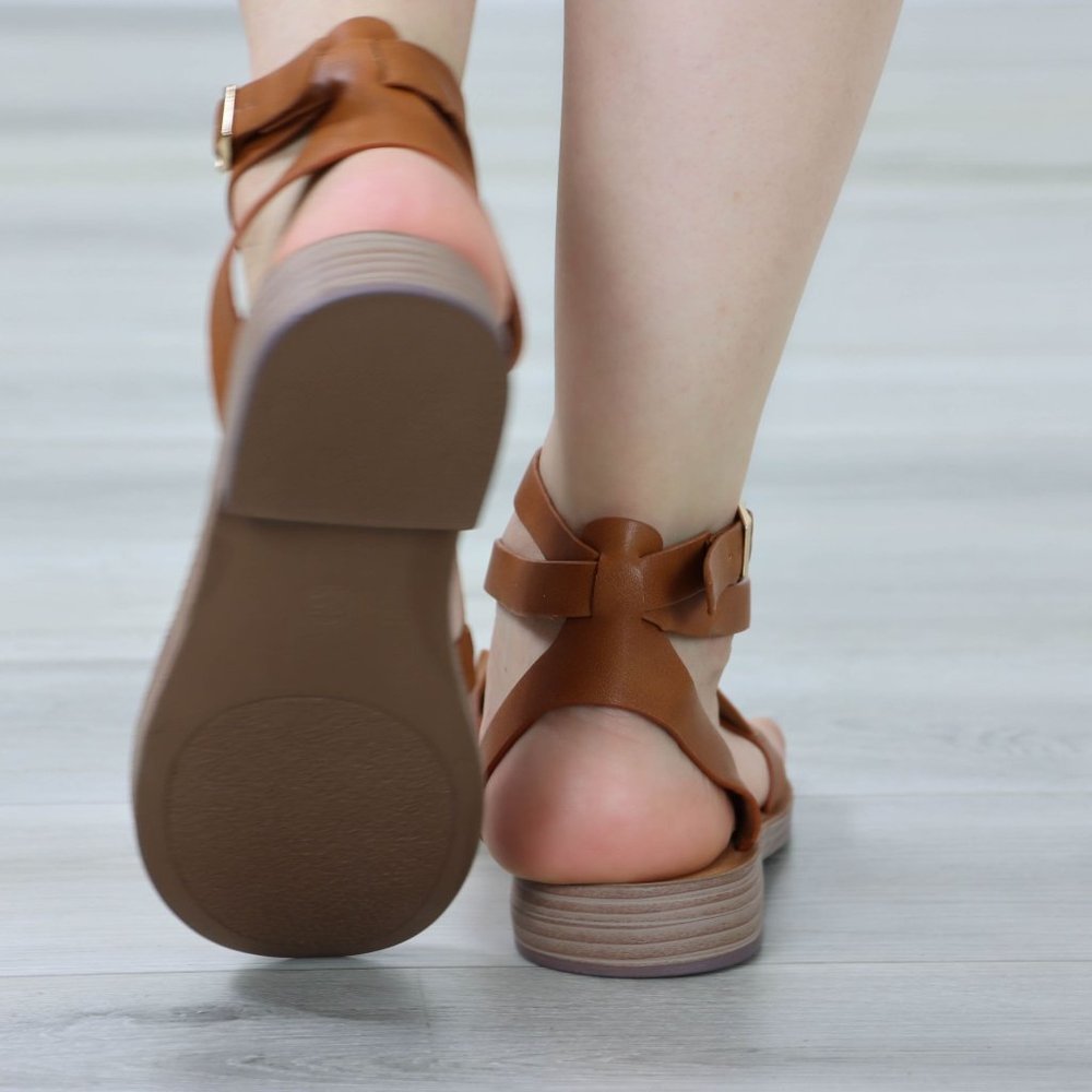 Tan Strappy Trendy Comfy Flat Gladiator Comfort Sandal Slip On Sliders - Picture 11 of 12
